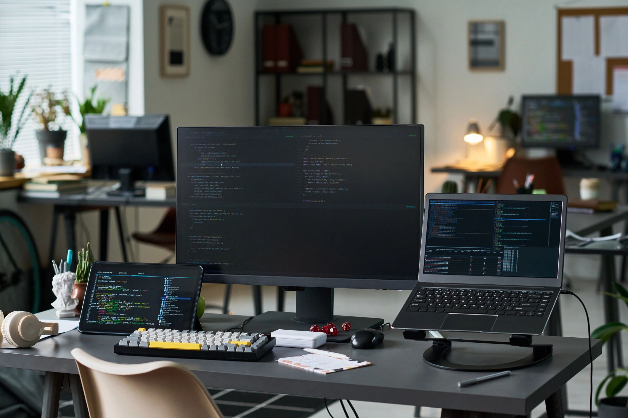 Modern IT consultant workspace with multiple screens and business technology tools